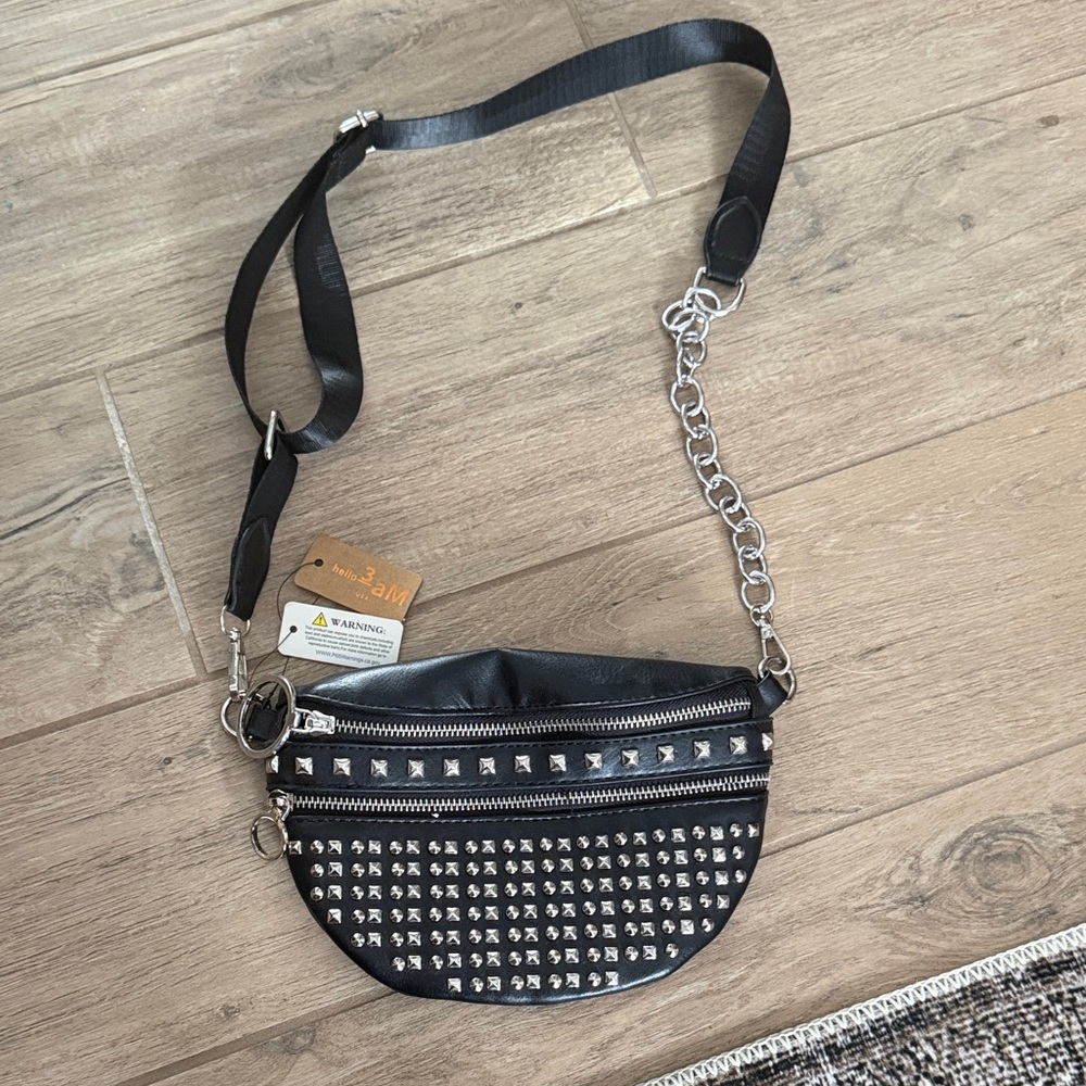 Black Studded Crossbody Belt Bag with Chain Accent